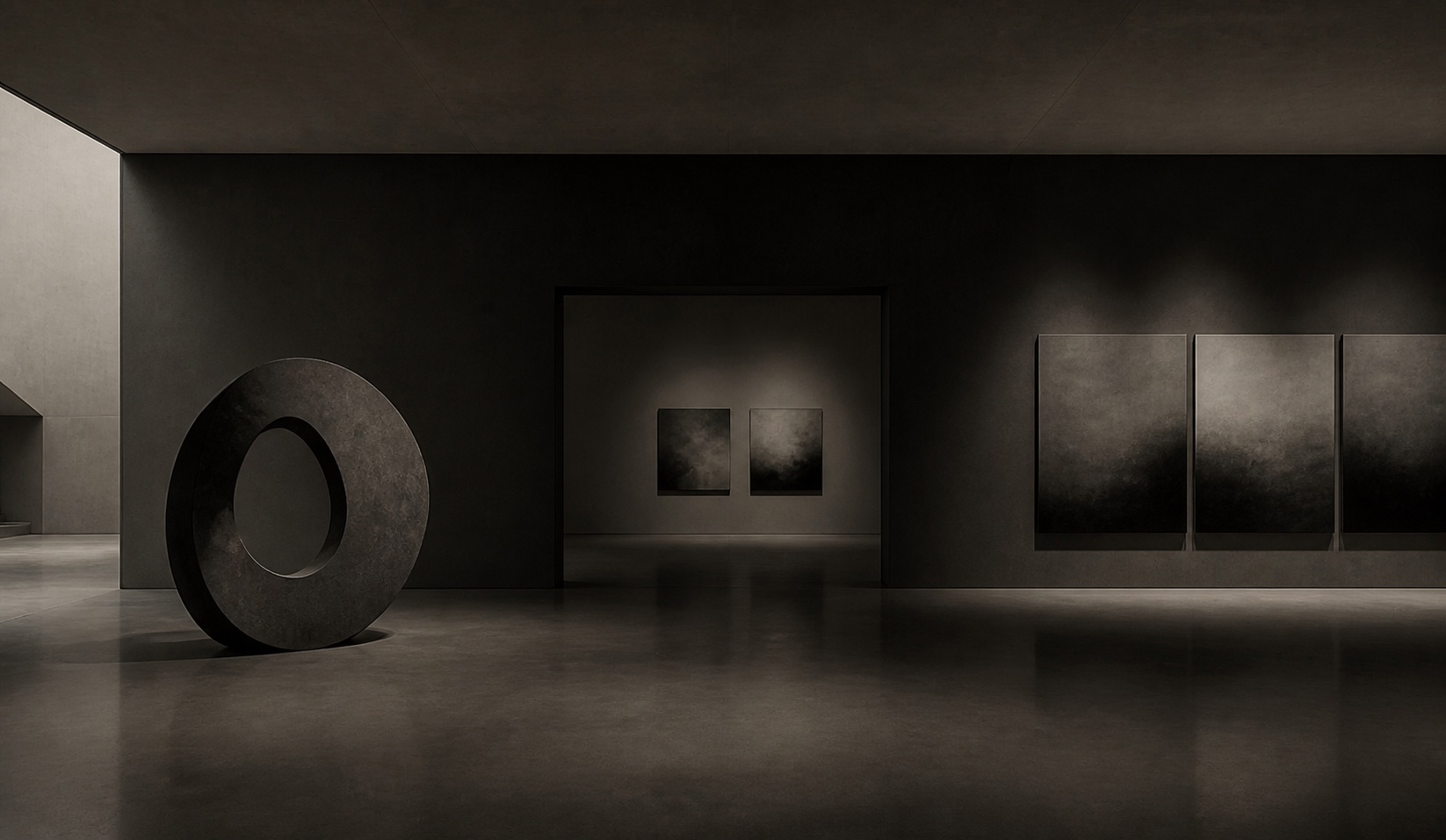 Contemporary gallery with an abstract stone sculpture and monochrome artworks